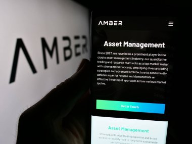 Stuttgart, Almanya - 06-13-2024: Kripto hizmet şirketi Amber Global Limited 'in internet sayfası ile logo önünde cep telefonu tutan kişi. Telefon ekranının merkezine odaklan.