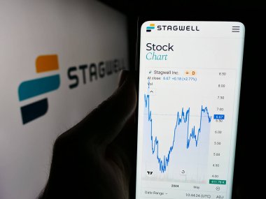 Stuttgart, Almanya - 06-24-2024: ABD 'li pazarlama ve haberleşme şirketi Stagwell Inc.' in web sayfası ile logo önünde cep telefonu tutan kişi. Telefon ekranının merkezine odaklan.