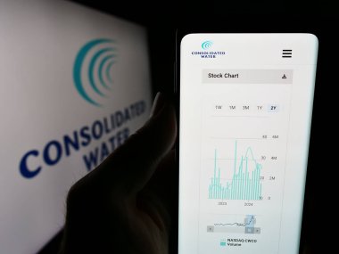 Stuttgart, Almanya - 06-26-2024: Deniz suyu arıtma şirketi Consolidated Water Co. Ltd. logolu cep telefonu sahibi kişi. Telefon ekranının merkezine odaklan.