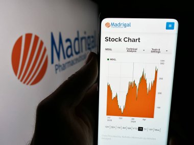 Stuttgart, Almanya - 06-26-2024: Biyofarmasötik şirketi Madrigal Pharmaceuticals Inc. 'in logolu web sitesine sahip kişi. Telefon ekranının merkezine odaklan.