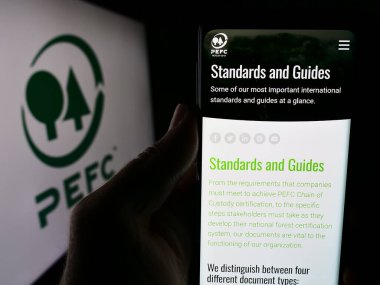 Stuttgart, Almanya - 06-27-2024: Cep telefonunda Orman Sertifikası için Program (PEFC) sayfası bulunan kişi. Telefon ekranının merkezine odaklan.