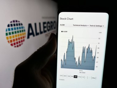 Stuttgart, Almanya - 07-05-2024: Logo önünde ABD 'li yarı iletken şirket Allegro MicroSystems Inc.' in web sitesi ile cep telefonu bulunduran kişi. Telefon ekranının merkezine odaklan.