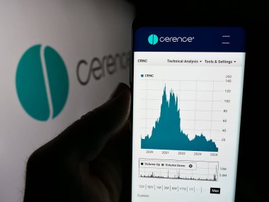 Stuttgart, Almanya - 07-06-2024: ABD 'li otomotiv yazılım şirketi Cerence Inc.' in internet sayfası ile iş logosu önünde cep telefonu tutan kişi. Telefon ekranının merkezine odaklan.