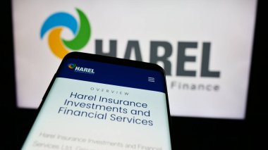 Stuttgart, Germany - 07-08-2024: Mobile phone with website of Harel Insurance Investments and Financial Services Ltd. in front of logo. Focus on top-left of phone display. clipart