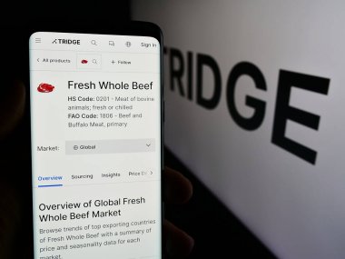 Stuttgart, Almanya - 07-11-2024: Güney Koreli tarım platformu şirketi Tridge Co. Ltd. logolu akıllı telefon sahibi kişi. Telefon ekranının merkezine odaklan.