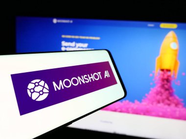 Stuttgart, Germany - 07-11-2024: Smartphone with logo of American e-commerce company Moonshot AI Inc. in front of business website. Focus on center-left of phone display. clipart