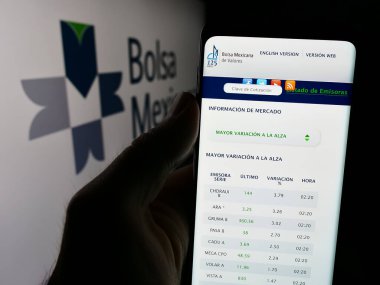 Stuttgart, Almanya - 07-16-2024: Meksika borsasının (BMV) logolu Bolsa Mexicana de Valores web sayfası ile cep telefonu tutan kişi. Telefon ekranının merkezine odaklan.
