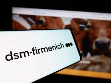 Stuttgart, Almanya - 07-21-2024: İsviçreli kimya şirketi DSM-Firmenich AG 'nin logosuna sahip akıllı telefon iş web sitesi önünde. Telefon ekranının merkez soluna odaklan.