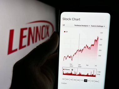 Stuttgart, Almanya - 07-23-2024: Logo önünde ABD 'li HVAC ekipman şirketi Lennox International Inc.' in web sayfası ile cep telefonu tutan kişi. Telefon ekranının merkezine odaklan.
