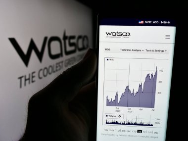 Stuttgart, Almanya - 07-24-2024: ABD 'li HVAC dağıtım şirketi Watsco Inc.' in web sitesi ile iş logosu önünde cep telefonu tutan kişi. Telefon ekranının merkezine odaklan.