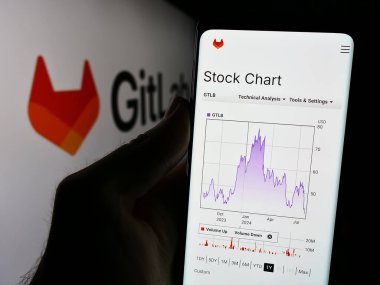 Stuttgart, Almanya - 08-09-2024: ABD 'li açık kaynak yazılım şirketi GitLab Inc.' in web sitesi ile logo önünde cep telefonu tutan kişi. Telefon ekranının merkezine odaklan.