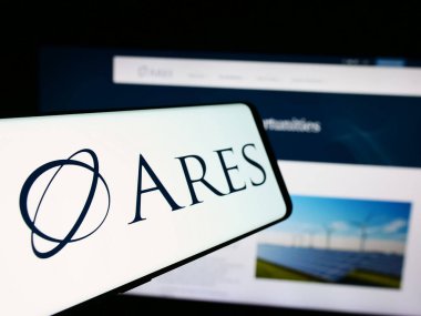 Stuttgart, Germany - 08-12-2024: Mobile phone with logo of American investment company Ares Management Corporation in front of website. Focus on center-left of phone display. clipart