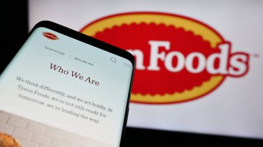 Stuttgart, Almanya - 08-13-2024: İş logosu önünde ABD 'li gıda işleme şirketi Tyson Foods Inc.' nin web sitesi ile akıllı telefon. Telefon ekranının sol üst kısmına odaklan.