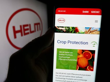 Stuttgart, Almanya - 07-31-2024: Alman kimyasal dağıtım şirketi Helm AG 'nin internet sayfası ile logo önünde cep telefonu tutan kişi. Telefon ekranının merkezine odaklan.