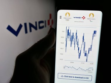 Stuttgart, Almanya - 08-07-2024: Fransız imtiyaz şirketi Vinci S.A. 'nın internet sitesi ile iş logosu önünde cep telefonu tutan kişi. Telefon ekranının merkezine odaklan.