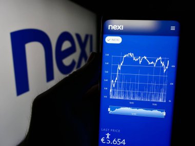 Stuttgart, Almanya - 08-13-2024: İtalyan ödeme sistemleri şirketi Nexi S.P.A. 'nın internet sitesi ile logo önünde cep telefonu tutan kişi. Telefon ekranının merkezine odaklan.