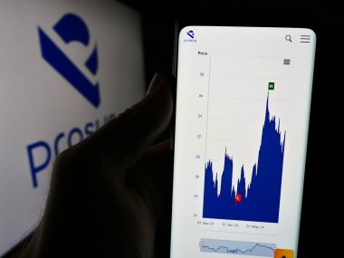Stuttgart, Almanya - 08-15-2024: Teknoloji yatırım şirketi Prosus N.V. 'nin web sitesi ile ticaret logosu önünde akıllı telefon tutan kişi. Telefon ekranının merkezine odaklan.