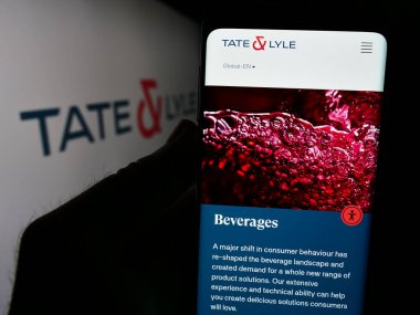 Stuttgart, Almanya - 08-16-2024: İngiliz gıda işleme şirketi Tate ve Lyle plc 'in web sayfası ile logo önünde akıllı telefon tutan kişi. Telefon ekranının merkezine odaklan.