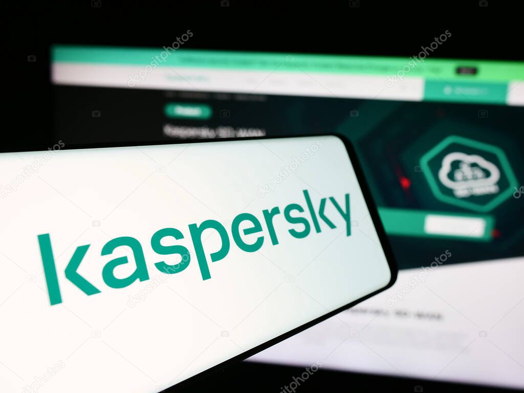 Stuttgart, Germany - 08-18-2024: Smartphone with logo of Russian cybersecurity company AO Kaspersky Lab in front of business website. Focus on center-left of phone display.