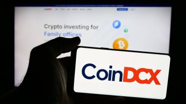 Stuttgart, Almanya - 08-19-2024: Üzerinde Hint kripto yatırım uygulama şirketi CoinDCX 'in logosu olan cep telefonu bulunduran kişi iş sayfasının önünde. Telefon ekranına odaklan.