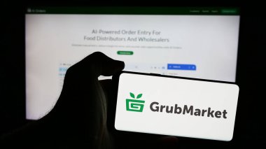 Stuttgart, Almanya - 08-22-2024: İnternet sitesi önünde üzerinde ABD GrubMarket Inc. 'in logosu olan akıllı telefon sahibi kişi. Telefon ekranına odaklan.