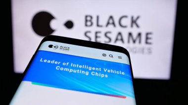 Stuttgart, Almanya - 08-26-2024: Otomotiv yazılım şirketi Black Susame Technologies 'in web sitesi ile birlikte iş logosu önünde cep telefonu. Telefon ekranının sol üst kısmına odaklan.