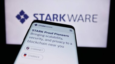 Stuttgart, Almanya - 08-27-2024: ABD 'li şifreleme yazılım şirketi StarkWare Ltd. nin web sitesi ile birlikte akıllı telefon. Telefon ekranının sol üst kısmına odaklan.