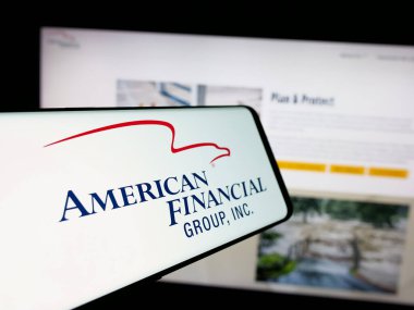 Stuttgart, Germany - 10-01-2024: Mobile phone with logo of American company American Financial Group Inc. on screen in front of website. Focus on center of phone display. clipart