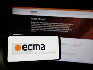 Stuttgart, Almanya - 10-07-2024: Standart organizasyon logosu olan akıllı telefonu web sitesi önünde ekrana sunan kişi. Telefon ekranına odaklan.