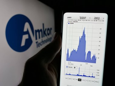 Stuttgart, Almanya - 10-08-2024: ABD 'li yarı iletken firma Amkor Technology Inc.' in web sayfası ile cep telefonu tutan kişi logolu ekranda. Telefon ekranının merkezine odaklan.