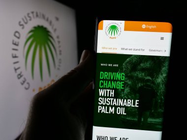 Stuttgart, Almanya - 10-11-2024: Cep telefonunda Sürdürülebilir Palm Petrol (RSPO) sitesi bulunan kişi logonun önünde ekranda. Telefon ekranının merkezine odaklan.