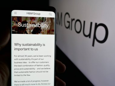 Stuttgart, Almanya - 10-14-2024: İsveçli moda şirketi H M Hennes Mauritz AB 'nin internet sayfası ile cep telefonu tutan kişi logolu ekranda. Telefon ekranının merkezine odaklan.