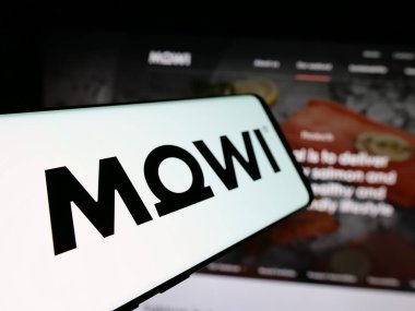 Stuttgart, Almanya - 10-16-2024: Norveç deniz ürünleri şirketi Mowi ASA 'nın logosunu taşıyan akıllı telefon iş dünyasının web sitesinin önünde ekranda. Telefon ekranının soluna odaklan.