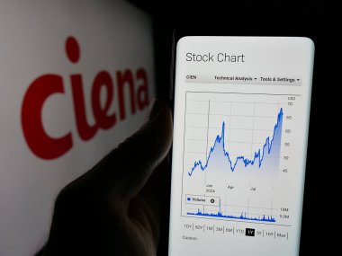Stuttgart, Almanya - 10-18-2024: ABD 'li ağ sistemi şirketi Ciena Corporation' ın web sayfası ile akıllı telefon sahibi kişi logolu ekranda. Telefon ekranının merkezine odaklan.