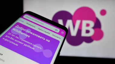 Stuttgart, Almanya - 10-24-2024: Rus e-ticaret şirketi Wildberry 'nin web sitesi olan akıllı telefon iş logosu önünde ekranda. Telefon ekranının sol üst kısmına odaklan.