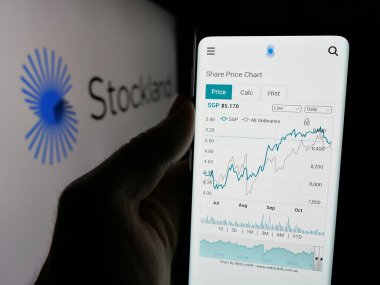 Stuttgart, Almanya - 10-30-2024: Avustralyalı Stockland Corporation Limited şirketinin web sayfası olan cep telefonu logolu kişi. Telefon ekranının merkezine odaklan.