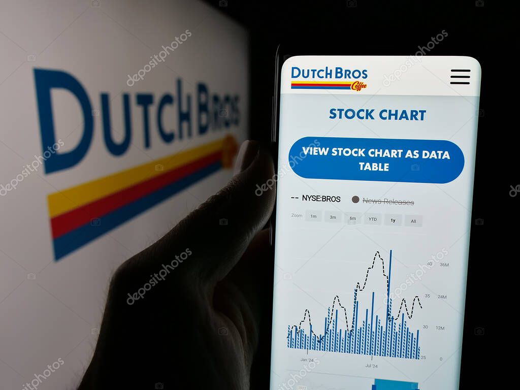 Stuttgart, Germany - 11-06-2024: Person holding cellphne with webpage of US coffee chain company Dutch Bros Inc. on screen in front of logo. Focus on center of phone display.
