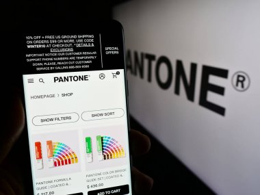 Stuttgart, Almanya - 12-28-2023: ABD 'li renk çözümleri şirketi Pantone LLLC' nin web sayfası olan cep telefonu sahibi şirket logosu önünde. Telefon ekranının merkezine odaklan.