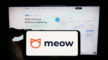 Stuttgart, Almanya - 02-14-2024: Amerikan fintech şirketi Meow Technologies 'in logosu olan cep telefonu sahibi kişi iş sayfasının önünde. Telefon ekranına odaklan.