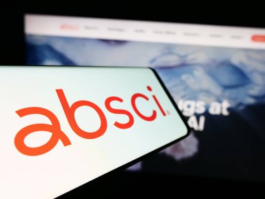 Stuttgart, Germany - 02-16-2024: Mobile phone with logo of American drug discovery company Absci Corporation in front of business website. Focus on center-left of phone display. clipart