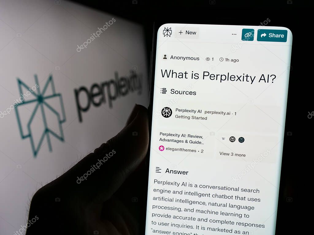 Stuttgart, Germany - 02-16-2024: Person holding smartphone with webpage of US artificial intelligence company Perplexity AI in front of logo. Focus on center of phone display.