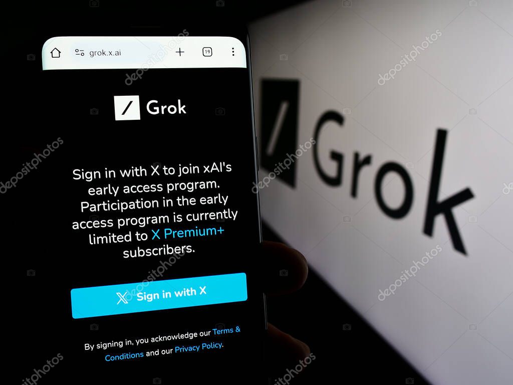 Stuttgart, Germany - 02-19-2024: Person holding cellphone with webpage of generative artificial intelligence chatbot Grok (X.AI) with logo. Focus on center of phone display.