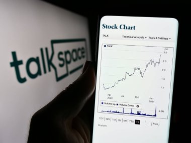 Stuttgart, Almanya - 02-29-2024: ABD 'li online psikoterapi şirketi Talkspace Inc.' in internet sayfası ile logo önünde cep telefonu tutan kişi. Telefon ekranının merkezine odaklan.