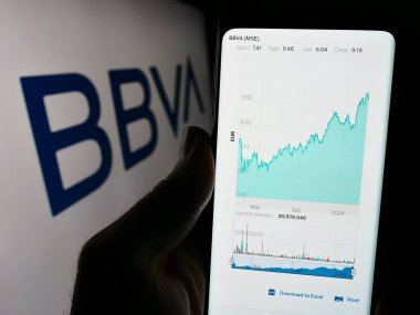 Stuttgart, Almanya - 03-01-2024: Logo önünde Banco Bilbao Vizcaya Argentaria S.A. (BBVA) şirketinin internet sayfası bulunan kişi. Telefon ekranının merkezine odaklan.