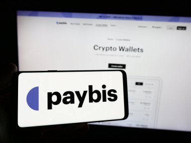 Stuttgart, Almanya - 03-15-2024: Polonya kripto para birimi şirketi Paybis 'in logosuna sahip akıllı telefon sahibi kişi web sitesi önünde. Telefon ekranına odaklan.