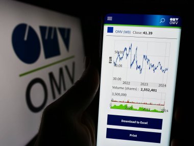 Stuttgart, Almanya - 03-16-2024: Avusturyalı petrol ve gaz şirketi OMV Aktiengesellschaft 'ın web sayfası logo önünde cep telefonu tutan kişi. Telefon ekranının merkezine odaklan.