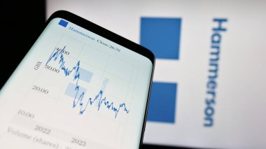 Stuttgart, Almanya - 03-16-2024: İngiliz emlak şirketi Hammerson plc 'nin web sayfalı akıllı telefon iş logosu önünde. Telefon ekranının sol üst kısmına odaklan.