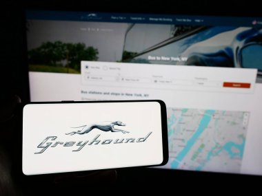 Stuttgart, Almanya - 03-05-2024: İnternet sitesi önünde ABD 'li uzun mesafe otobüs şirketi Greyhound Lines Inc.' in logosuna sahip kişi. Telefon ekranına odaklan.