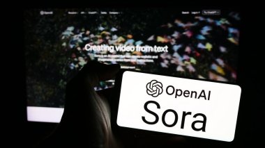 Stuttgart, Almanya - 03-06-2024: İş sayfası önünde üzerinde metin-video-model yazılım Sora (OpenAI) logosu bulunan cep telefonu sahibi kişi. Telefon ekranına odaklan.