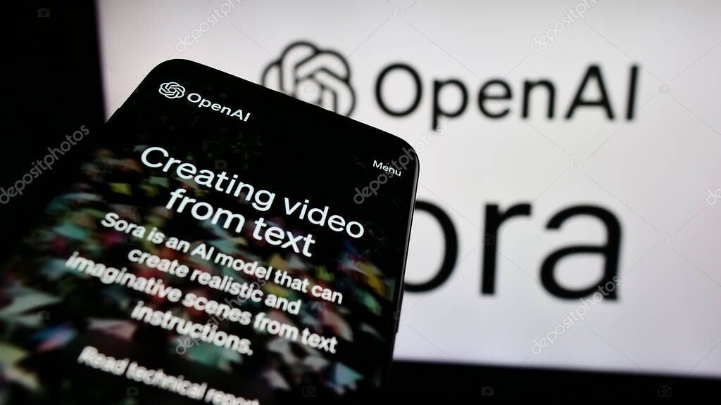 Stuttgart, Germany - 03-06-2024: Mobile phone with website of text-to-video model software Sora (OpenAI) in front of business logo. Focus on top-left of phone display.